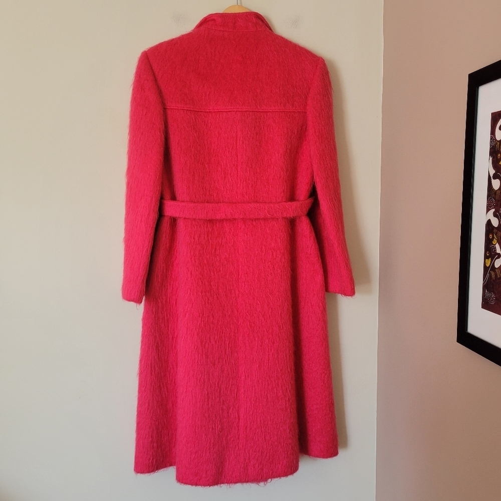 Vintage 80s Mohair Wool Women's Double Breasted Belted Fuchsia Pink Trench Coat - Picture 2 of 11